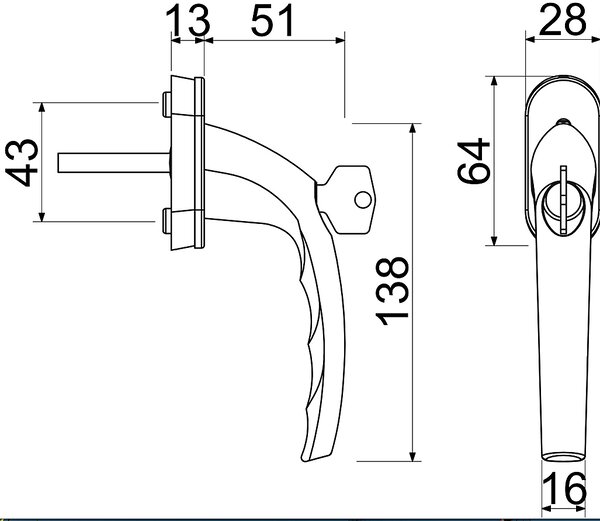 Uzamykateľná okenná kľučka RICHTER RHW.009.L (F9), DK balkónová kľučka, RICHTER F9 (nerez elox)