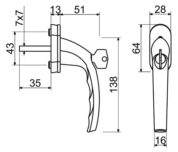 Uzamykateľná okenná kľučka RICHTER RHW.009.L (F9005), OK okenná kľučka, RICHTER Čierna matná