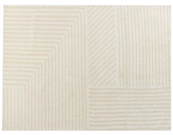 Koberec béžový vlnený 300 x 400 cm pásikavý vzor jednofarebný moderný minimalistický koberec obývacia izba spálňa