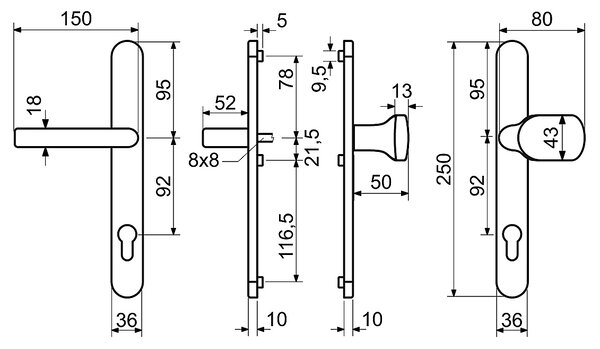 Dverové kovanie pre plastové dvere RICHTER RHD.0030.92 (F4), madlo/klika, Otvor na cylindrickú vložku PZ, RICHTER F4 (bronz elox), 92 mm
