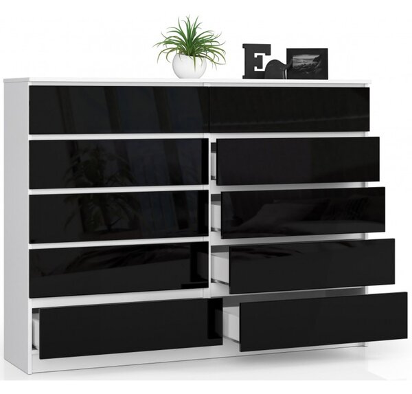 Komoda K160 10SZ biela/čierna lesk