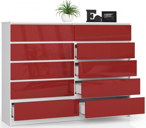 Komoda K160 10SZ biela/červená lesk