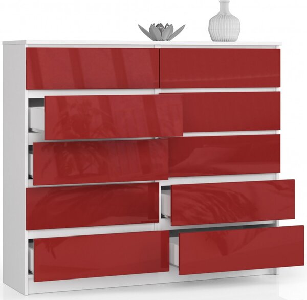 Komoda K140 10SZ biela/červená lesk