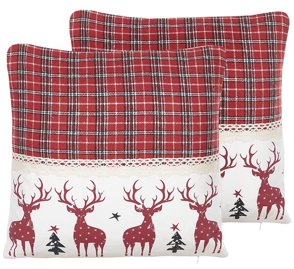 Sada 2 dekoratívnych vankúšov červená biela polyester bavlna 45 x 45 cm štvorcový tvar zvierací vzor soby Vianoce tradičný štýl doplnky