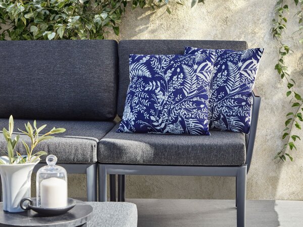 Sada 2 vonkajších dekoratívnych vankúšov modrá polyester 45 x 45 cm rastlinný vzor záhradné doplnky