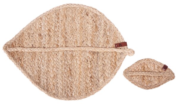 Sada 12 prestieraní a podložiek prírodná z juty 30 x 40/10 x 12 cm ručne vyrobené podložky v tvare listu boho kuchyňa jedáleň