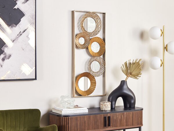 Nástenná dekorácia so zrkadlami zlatý kovový rám 39 x 90 cm ozdobný ručne vyrobený doplnok retro dizajn