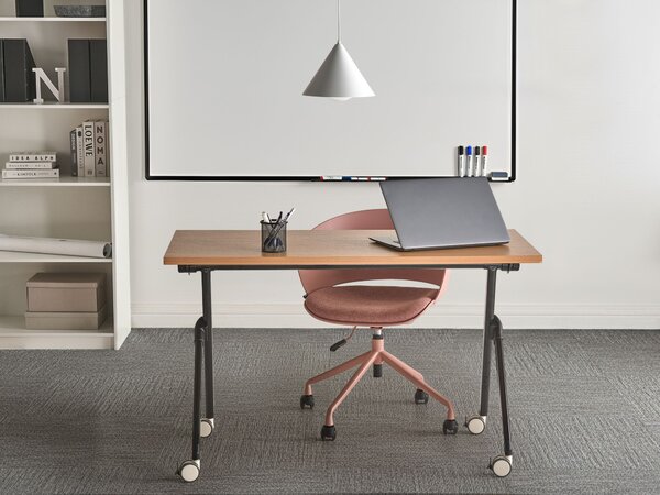 Skladací písací stôl hnedá MFC stolová doska čierny kovový rám 120 x 60 cm prenosný stolík s kolieskami moderná kancelária