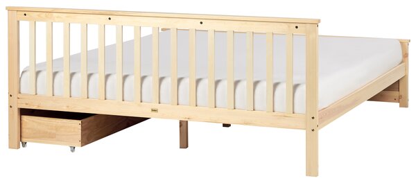 Posteľ svetlohnedá borovicové drevo MDF 180 x 200 cm s čelom úložný priestor 2 zásuvky minimalistický škandinávsky štýl spálňa