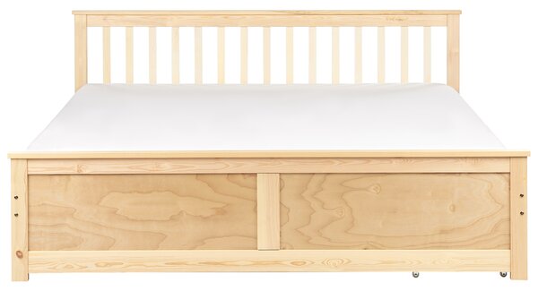 Posteľ svetlohnedá borovicové drevo MDF 180 x 200 cm s čelom úložný priestor 2 zásuvky minimalistický škandinávsky štýl spálňa