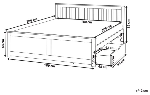 Posteľ svetlohnedá borovicové drevo MDF 180 x 200 cm s čelom úložný priestor 2 zásuvky minimalistický škandinávsky štýl spálňa