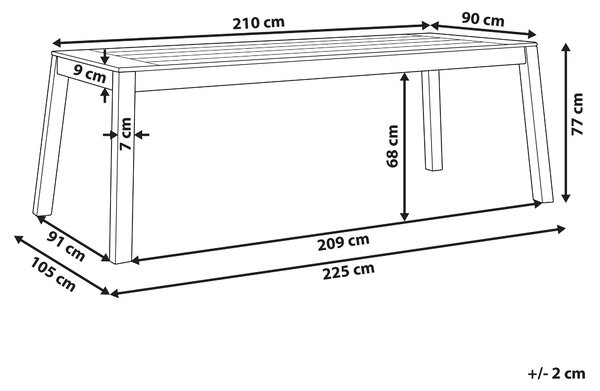 Záhradný jedálenský stôl svetlé drevo laminované akáciové drevo 210 x 90 cm obdĺžnikový tvar rustikálny dizajn interiér exteriér
