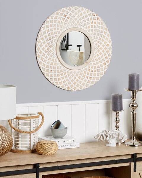 Nástenné zrkadlo svetlohnedá biela jedľové drevo sklo MDF 60 cm okrúhly tvar ozdobný rám moderný boho štýl obývačka spálňa