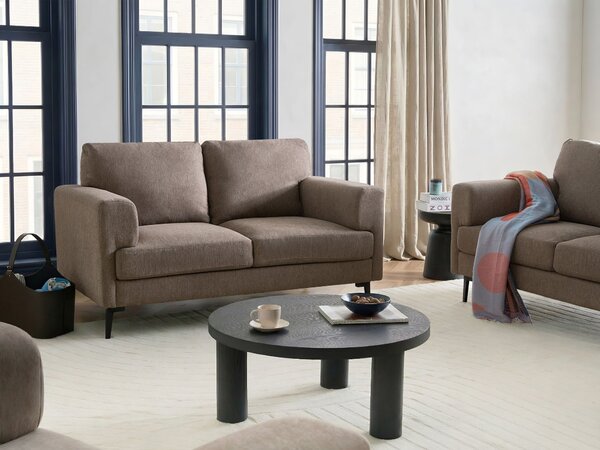 2-miestna pohovka hnedé látkové čalúnenie železné nohy minimalistický štýl mid century modern
