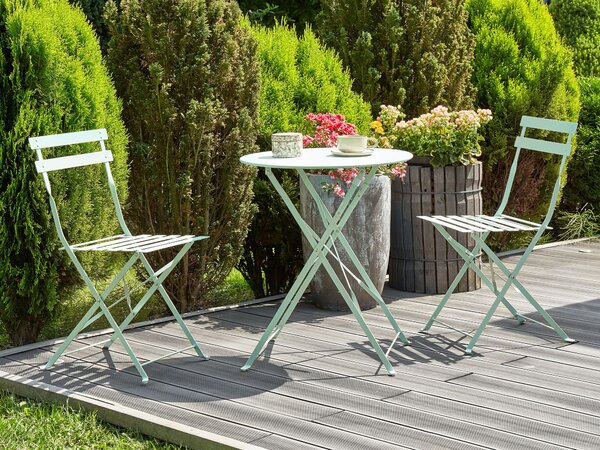 3-dielna bistro sada mätovozelená kovová skladacie stoličky okrúhly skladací stolík lamelový dizajn balkón terasa