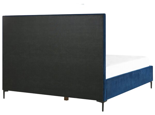 Posteľ s úložným priestorom modrá zamatové čalúnenie 140 x 200 cm čierne kovové nohy prešívané čelo lamelový rošt moderný štýl spálňa