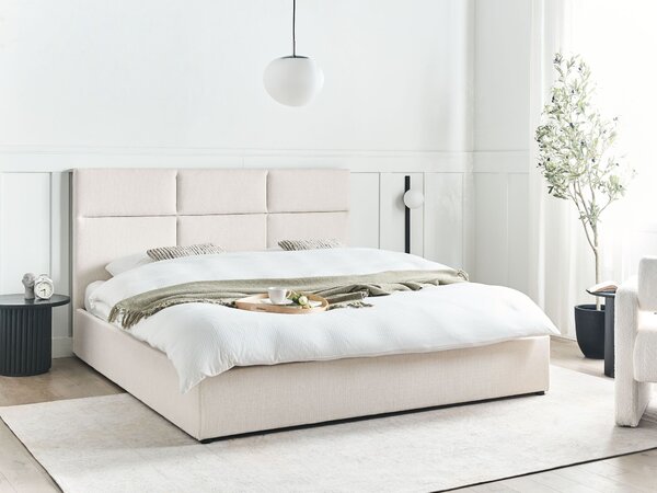 Posteľ s úložným priestorom krémová biela látkové čalúnenie polyester 180 x 200 cm s čelom moderný štýl spálňa