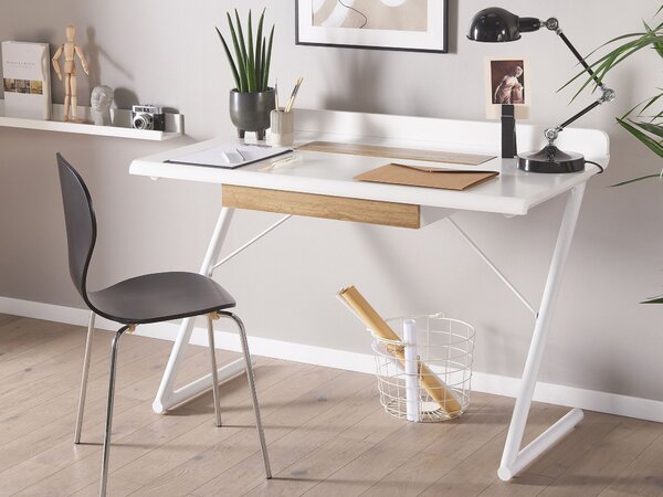 Písací stôl biela svetlé drevo MDF kov 120 x 60 cm obdĺžnikový tvar zásuvka skrinka moderný škandinávsky štýl kancelária