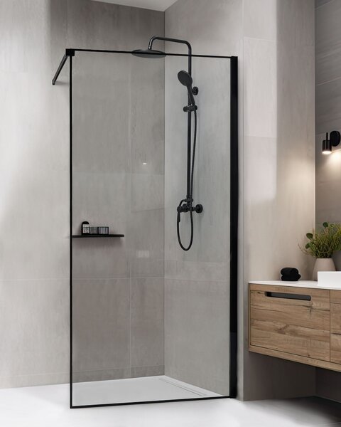 Sprchová zástena čierna z tvrdeného skla 100 x 190 cm rám z nerezovej ocele bezdverový bezbariérový sprchovací kút moderný štýl kúpeľňa