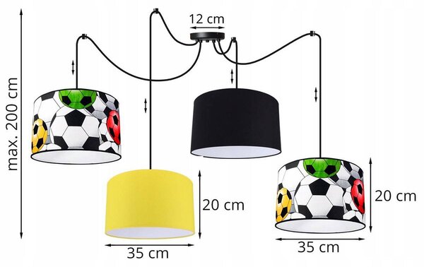 Detské závesné svietidlo Soccer Spider, 4x textilné tienidlo so vzorom (mix 6 farieb), (výber z 2 farieb konštrukcie)