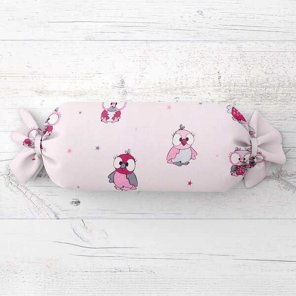 Biante Detský vankúš valec bonbon Sandra SA-726 Ružové sovičky na bledo ružovom 15x40 cm