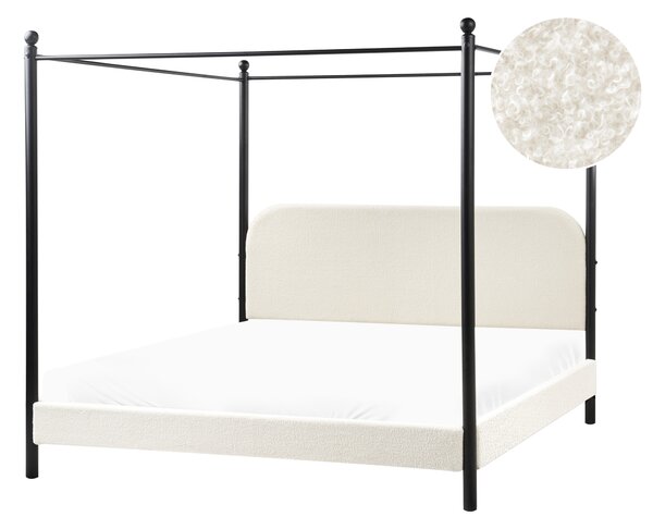 Posteľ s baldachýnom čierny kovový rám biele buklé čalúnenie 180 x 200 cm retro minimalistický štýl