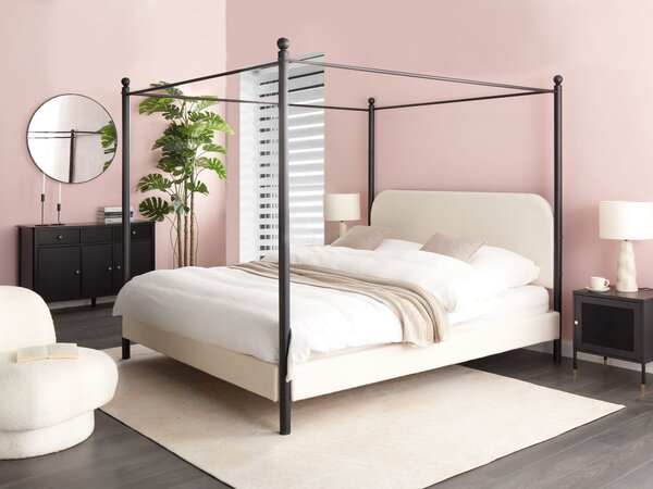 Posteľ s baldachýnom čierny kovový rám biele buklé čalúnenie 180 x 200 cm retro minimalistický štýl