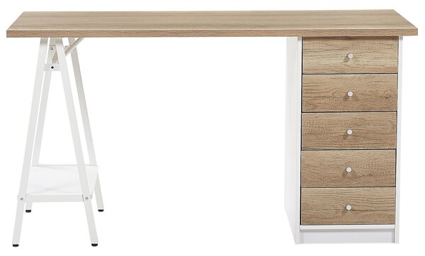Písací stôl biela svetlé drevo drevotrieska 140 x 60 cm s úložným priestorom polica 5 zásuviek moderný škandinávsky štýl pracovňa