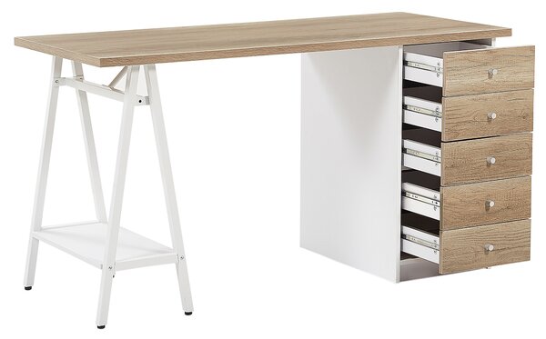 Písací stôl biela svetlé drevo drevotrieska 140 x 60 cm s úložným priestorom polica 5 zásuviek moderný škandinávsky štýl pracovňa