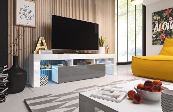 Moderný TV stolík Tropez 158cm, biela / šedý lesk