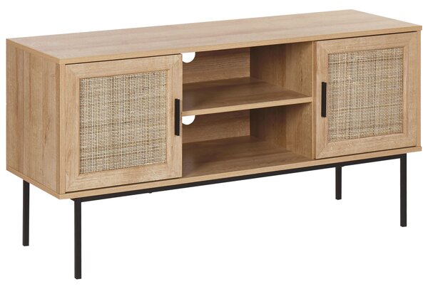 TV stolík svetlé drevo prírodné ratanové dvere prútený čierne kovové nohy 120 x 63 cm úložný priestor boho štýl obývačka