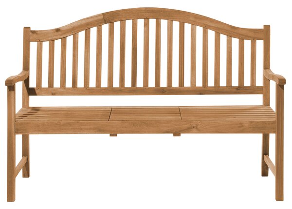 Záhradná lavica svetlé akáciové drevo olejovaný povrch 150 x 44 cm výsuvný stolík s opierkami rúk rustikálny štýl záhrada exteriér