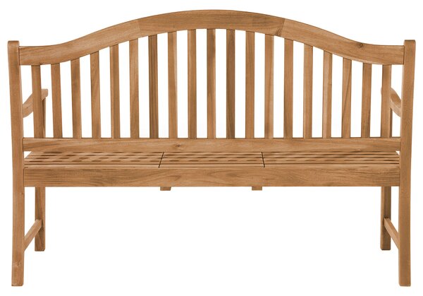 Záhradná lavica svetlé akáciové drevo olejovaný povrch 150 x 44 cm výsuvný stolík s opierkami rúk rustikálny štýl záhrada exteriér