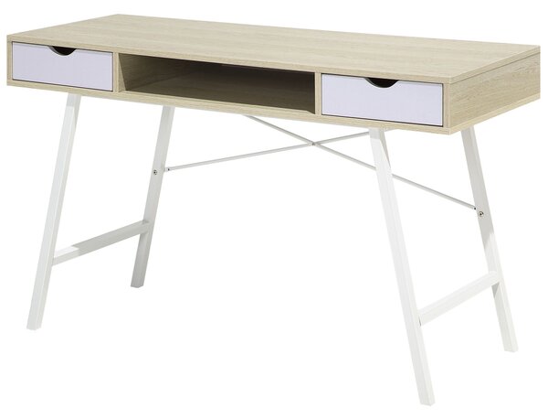 Kancelársky stôl svetlé drevo biela MDF oceľ 120 x 48 cm úložný priestor 2 zásuvky polica moderný škandinávsky štýl kancelária