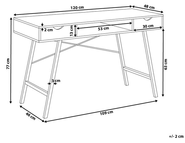 Kancelársky stôl svetlé drevo biela MDF oceľ 120 x 48 cm úložný priestor 2 zásuvky polica moderný škandinávsky štýl kancelária
