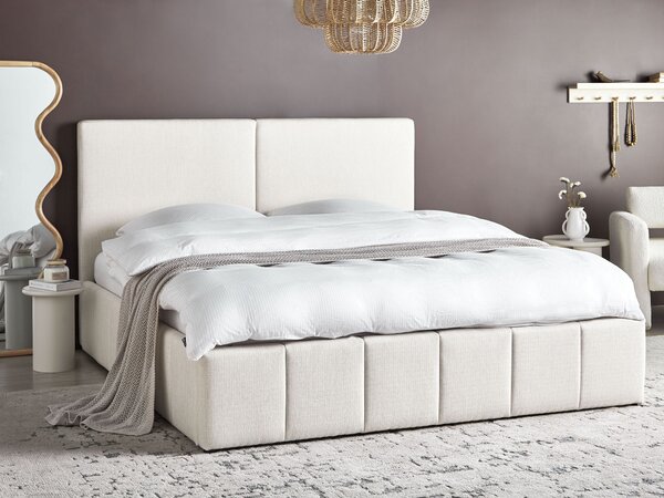 Posteľ krémová biela látkové čalúnenie polyester 180 x 200 cm s čelom a úložným priestorom moderný štýl spálňa