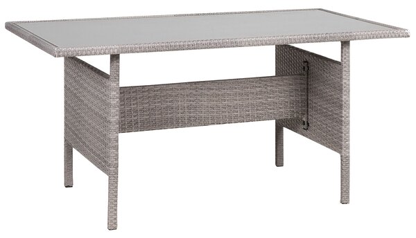 Záhradná jedálenská rohová sada sivá umelý ratan prútená pre 8 osôb pohovka lavica stôl so sklenenou doskou 80 x 145 cm moderný štýl