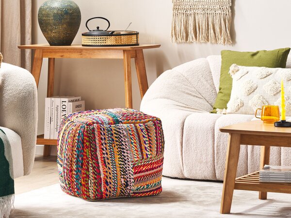 Taburetka viacfarebná bavlna polystyrénový granulát 40 x 40 x 40 cm štvorcový tvar geometrický vzor ručná výroba puf podnožka boho štýl