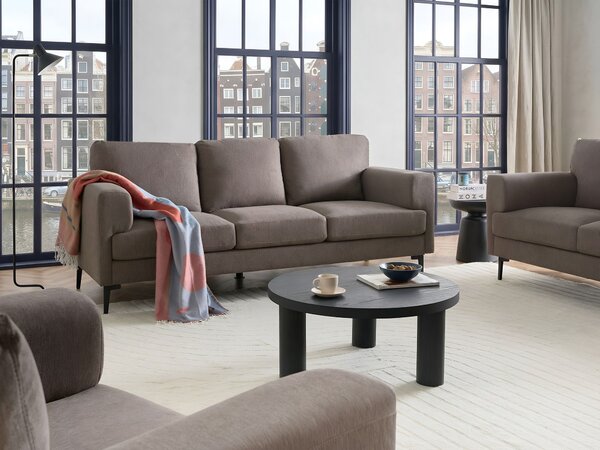 3-miestna pohovka hnedé látkové čalúnenie železné nohy minimalistický štýl mid century modern
