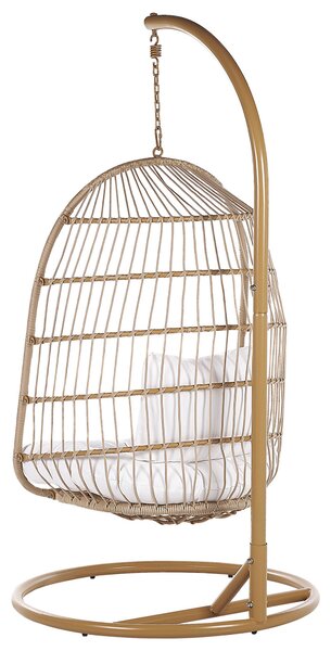 Závesné kreslo s kovovým stojanom béžové s výpletom sedací vankúš boho rustikálna terasa balkón obývacia izba