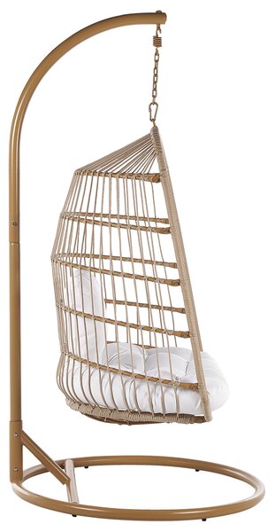 Závesné kreslo s kovovým stojanom béžové s výpletom sedací vankúš boho rustikálna terasa balkón obývacia izba