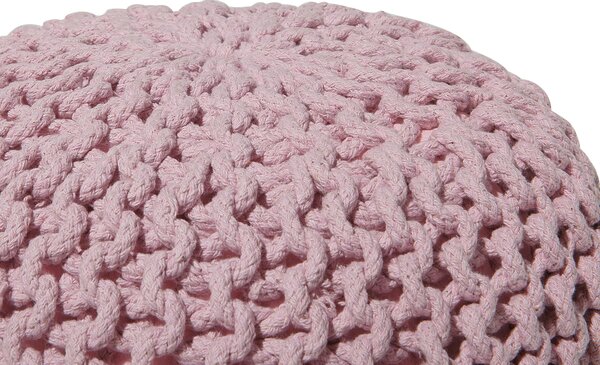 Puf taburetka ružová okrúhla bavlnená 40 x 25 cm pletená podnožka výplň z polystyrénového granulátu