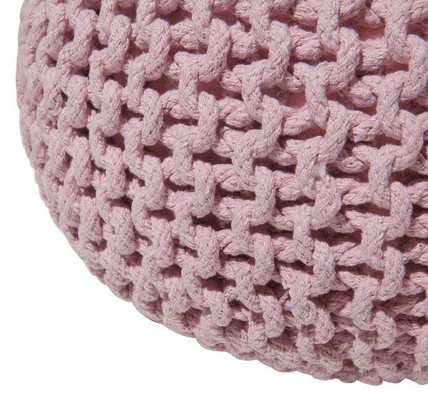 Puf taburetka ružová okrúhla bavlnená 40 x 25 cm pletená podnožka výplň z polystyrénového granulátu