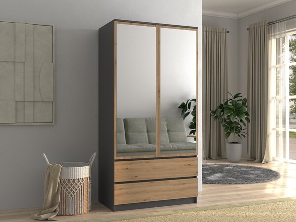 TP Living Šatníková skriňa SS-90 so zrkadlom 180 cm antracitová/dub artisan