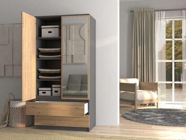 TP Living Šatníková skriňa SS-90 so zrkadlom 180 cm antracitová/dub artisan