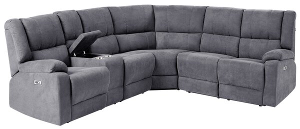 Rohová pohovka sivá látkové čalúnenie elektricky polohovateľná 5-miestna s USB stredová úložná opierka moderný štýl