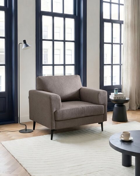 Kreslo hnedé látkové čalúnenie železné nohy minimalistický štýl mid century modern