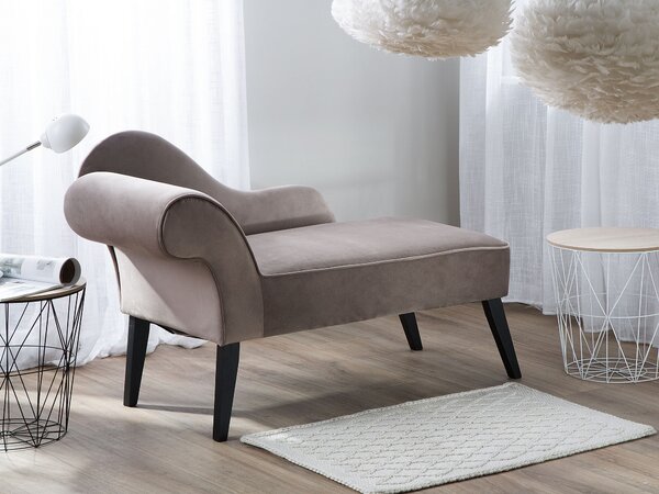 Leňoška sivohnedá zamatová čalúnená tmavé drevené nohy ľavostranná retro elegantný dizajn