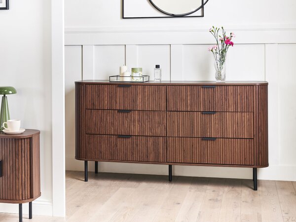 Komoda tmavohnedá čierne nohy MDF kov retro 6 zásuviek úložný priestor obývacia izba spálňa