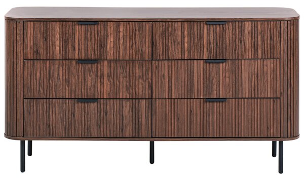 Komoda tmavohnedá čierne nohy MDF kov retro 6 zásuviek úložný priestor obývacia izba spálňa